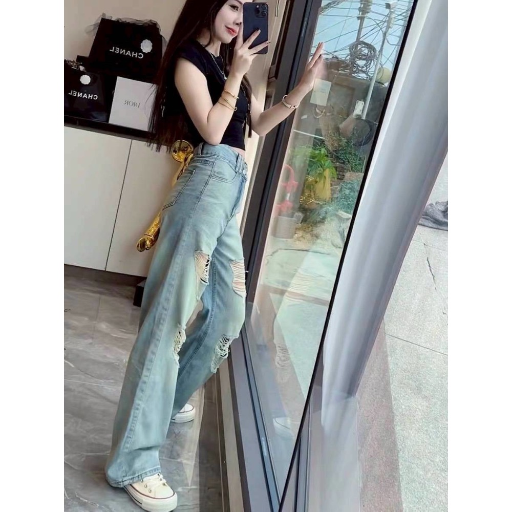 韓系高腰破壞直筒牛仔褲-細節圖4