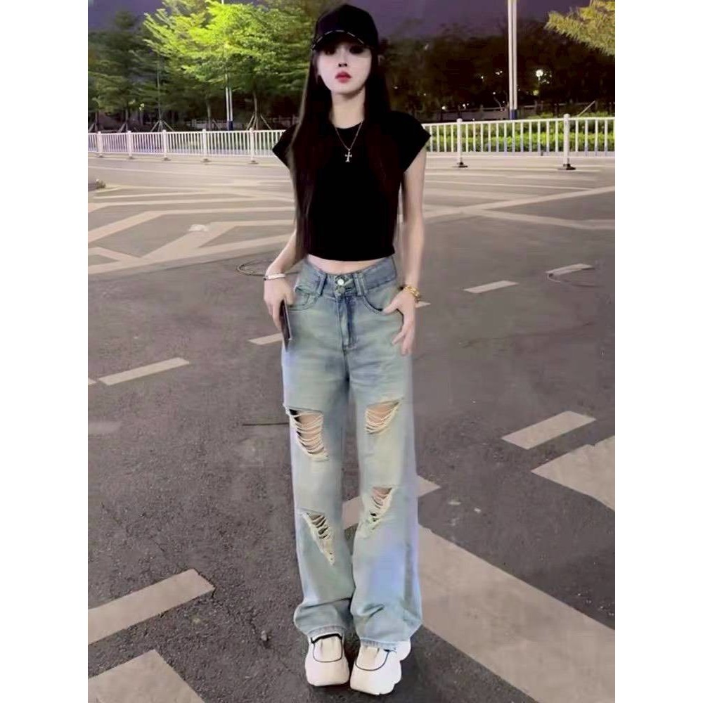 韓系高腰破壞直筒牛仔褲-細節圖6