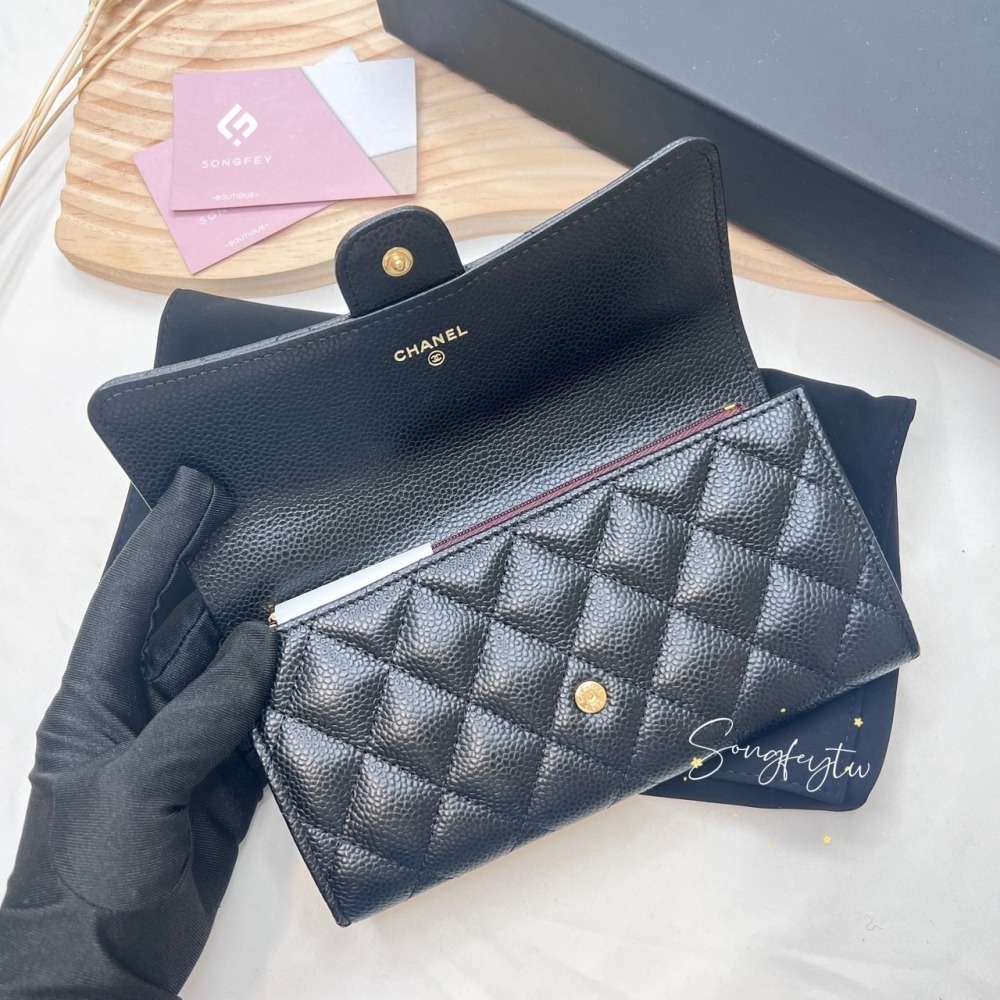 歐美代購 台灣現貨 Chanel 經典 淡金雙C 菱格荔枝牛皮 信封長夾-細節圖3