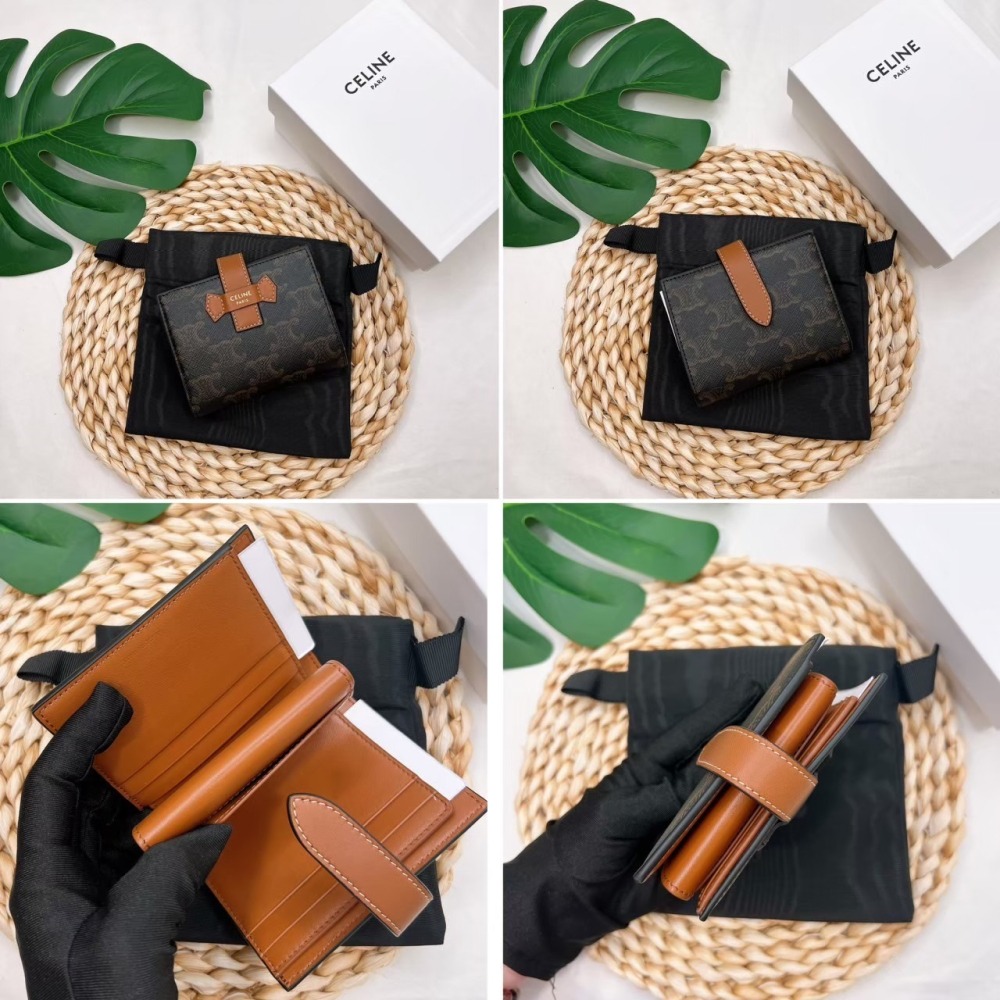 歐美代購 台灣現貨 Celine 經典TRIOMPHE滿版老花帆布拼接小羊皮壓釦短夾-細節圖9