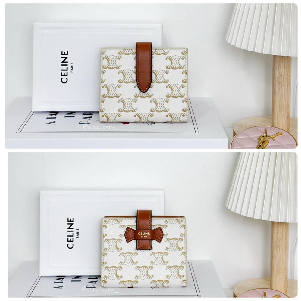 歐美代購 台灣現貨 Celine 經典TRIOMPHE滿版老花帆布拼接小羊皮壓釦短夾-細節圖10