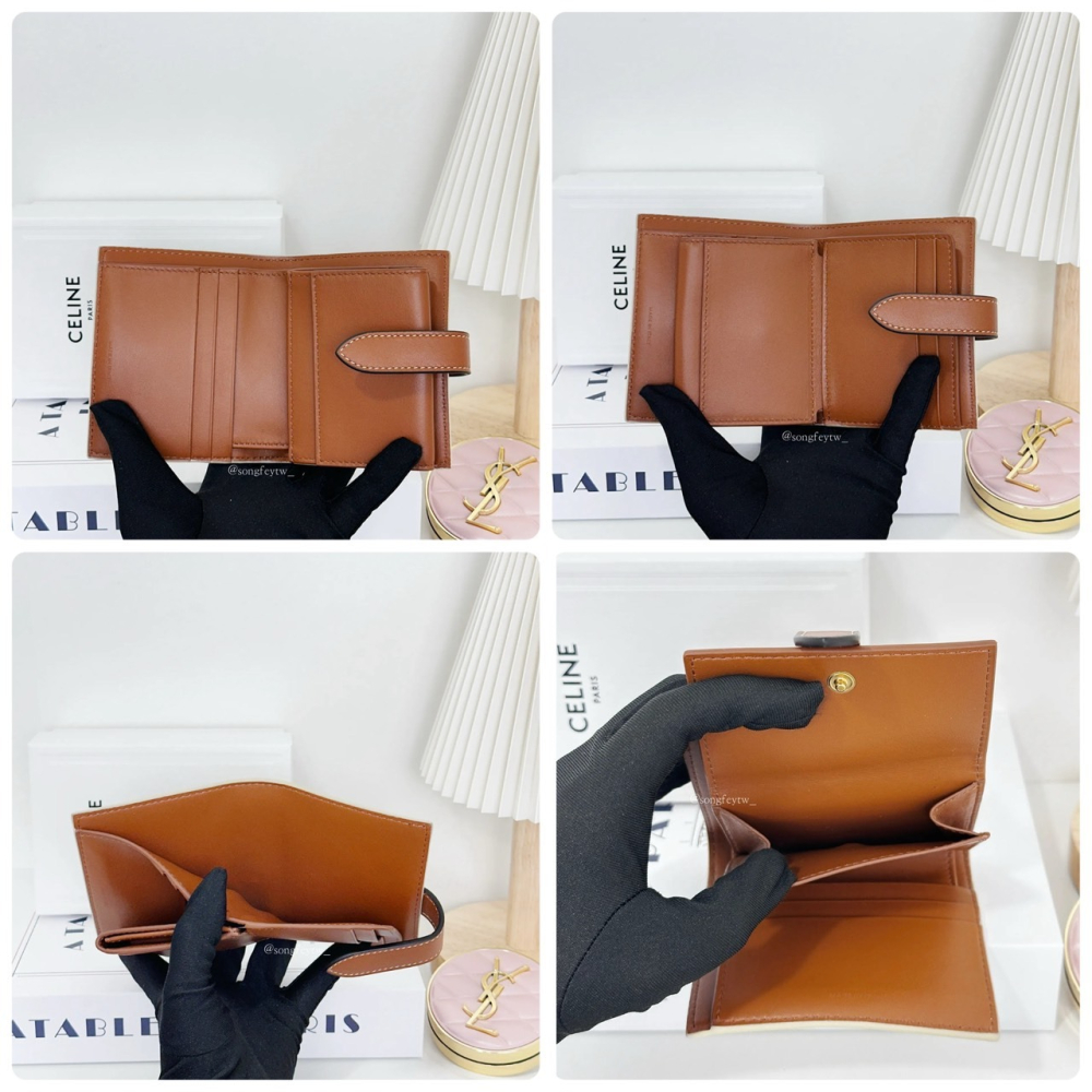 歐美代購 台灣現貨 Celine 經典TRIOMPHE滿版老花帆布拼接小羊皮壓釦短夾-細節圖11