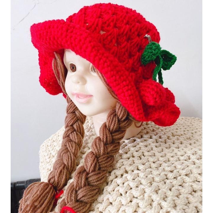 現貨 韓版嬰幼兒櫻桃針織帽 手鈎麻花新生兒拍照道具帽-細節圖2