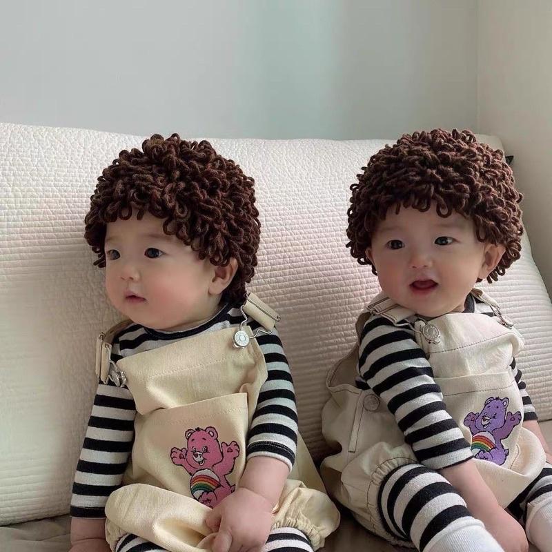 現貨 針織毛線男女寶寶假髮秋冬潮帽-細節圖2