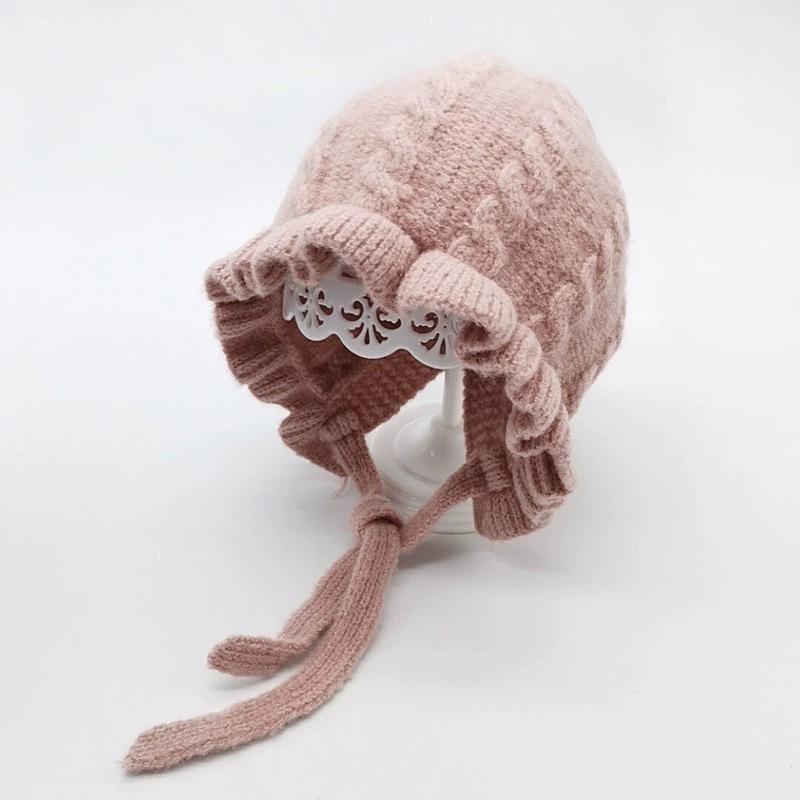 現貨 ins韓國秋冬新款嬰兒針織荷葉邊護耳帽寶寶保暖毛公主帽子-細節圖5
