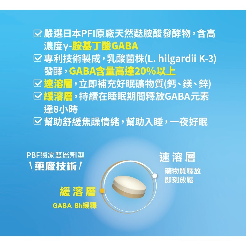 【竹楓藥局】PBF寶齡富錦 鋅喜眠雙層錠 藥廠定量200mg GABA 檸檬酸鈣 鎂 鋅添加 專利緩釋長效錠60粒/盒-細節圖4