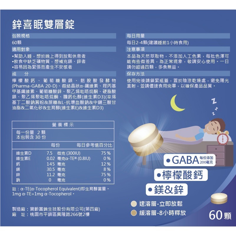 【竹楓藥局】PBF寶齡富錦 鋅喜眠雙層錠 藥廠定量200mg GABA 檸檬酸鈣 鎂 鋅添加 專利緩釋長效錠60粒/盒-細節圖5