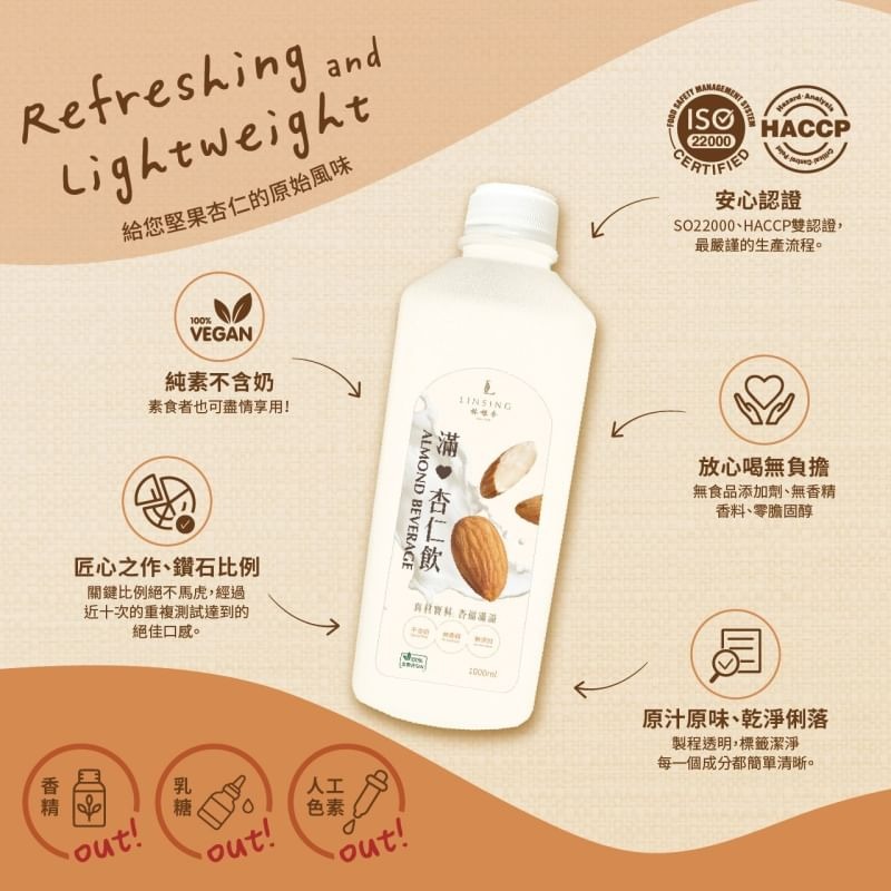 【極海鮮八號鋪】林銀杏 滿杏仁飲 1000ml-0乳糖、0香精、0添加的純素飲品，素食者和乳糖不耐症都可以放心飲用-細節圖2