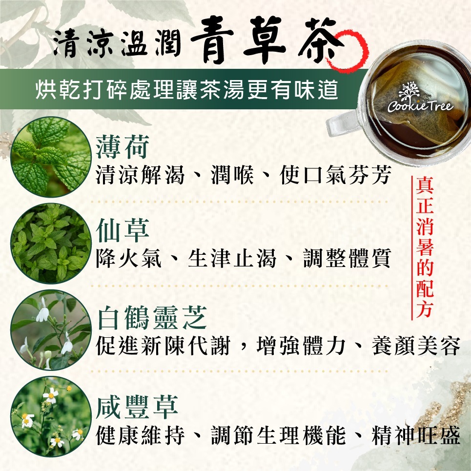 【cookietree 餅乾樹】青草茶 白鶴靈芝 仙草 清涼退火 無加糖 茶包 涼茶 養生茶 夏天必備 沖泡茶飲 草本-細節圖2