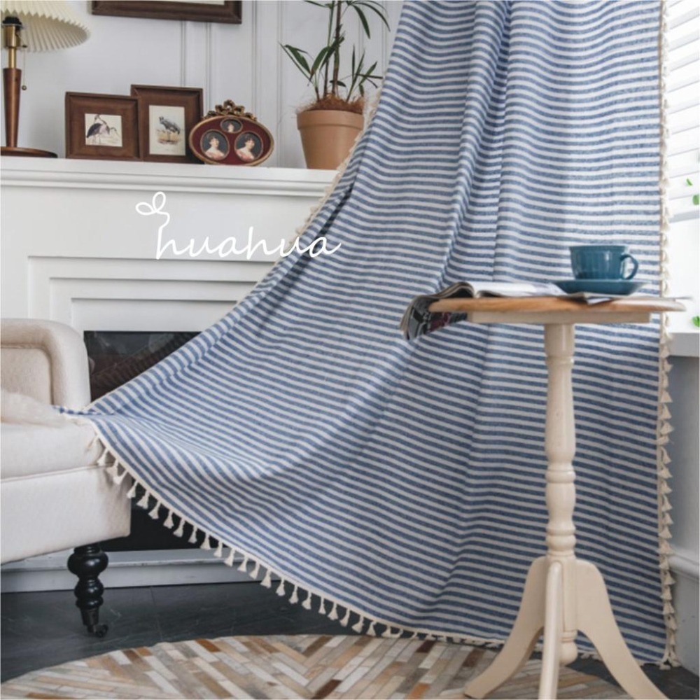 【HUAHUA】(2色可選)日式簡約純棉粉色條紋窗簾 棉麻流蘇窗簾 美式鄉村風藍色條紋窗簾 復古民宿窗簾布 成品窗簾(2-細節圖3