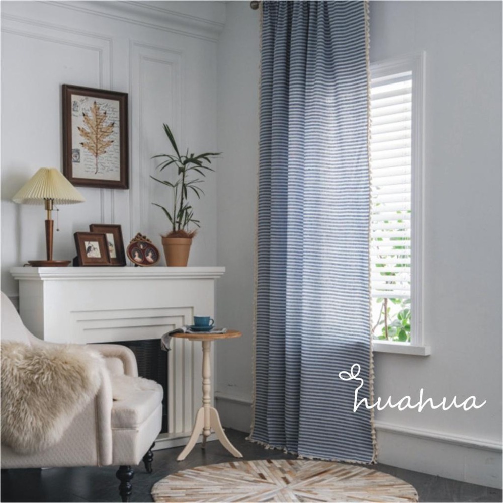 【HUAHUA】(2色可選)日式簡約純棉粉色條紋窗簾 棉麻流蘇窗簾 美式鄉村風藍色條紋窗簾 復古民宿窗簾布 成品窗簾(2-細節圖4