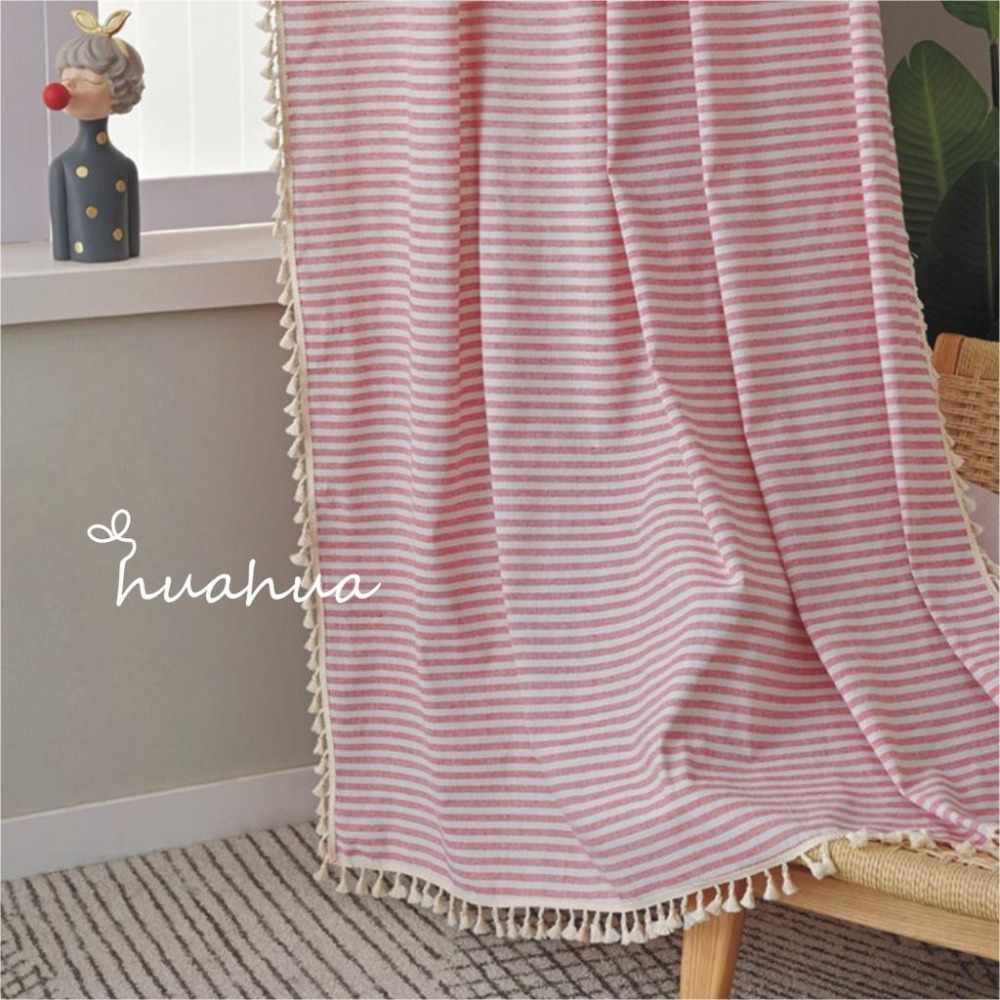 【HUAHUA】(2色可選)日式簡約純棉粉色條紋窗簾 棉麻流蘇窗簾 美式鄉村風藍色條紋窗簾 復古民宿窗簾布 成品窗簾(2-細節圖5