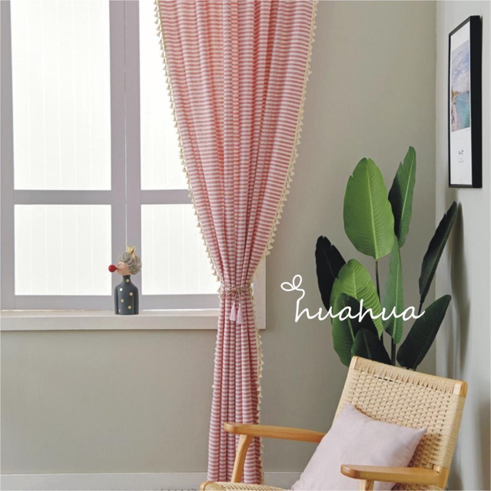 【HUAHUA】(2色可選)日式簡約純棉粉色條紋窗簾 棉麻流蘇窗簾 美式鄉村風藍色條紋窗簾 復古民宿窗簾布 成品窗簾(2-細節圖6