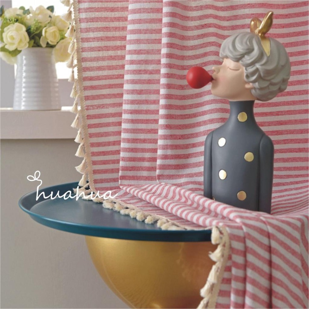 【HUAHUA】(2色可選)日式簡約純棉粉色條紋窗簾 棉麻流蘇窗簾 美式鄉村風藍色條紋窗簾 復古民宿窗簾布 成品窗簾(2-細節圖7