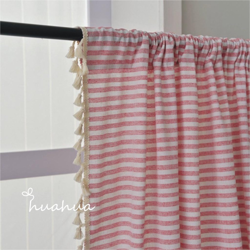 【HUAHUA】(2色可選)日式簡約純棉粉色條紋窗簾 棉麻流蘇窗簾 美式鄉村風藍色條紋窗簾 復古民宿窗簾布 成品窗簾(2-細節圖8