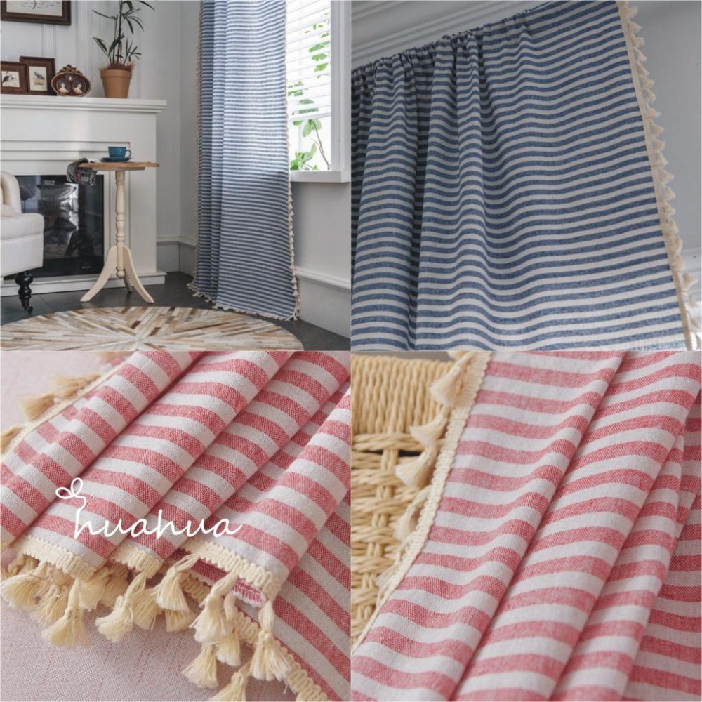 【HUAHUA】(2色可選)日式簡約純棉粉色條紋窗簾 棉麻流蘇窗簾 美式鄉村風藍色條紋窗簾 復古民宿窗簾布 成品窗簾(2-細節圖9