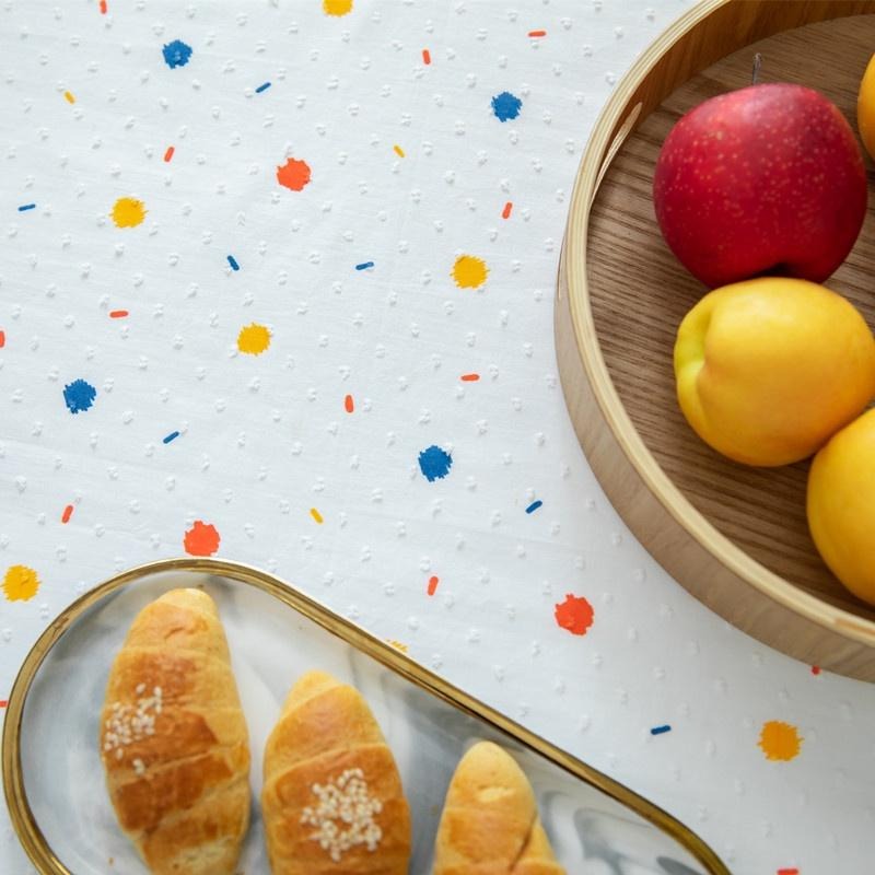 【HUAHUA】日式桌巾 塗鴉 法式 全棉 提花 幾何 彩色 點點 毛球 長方形桌巾 田園風茶几餐桌布 白桌巾 擺拍桌巾-細節圖4