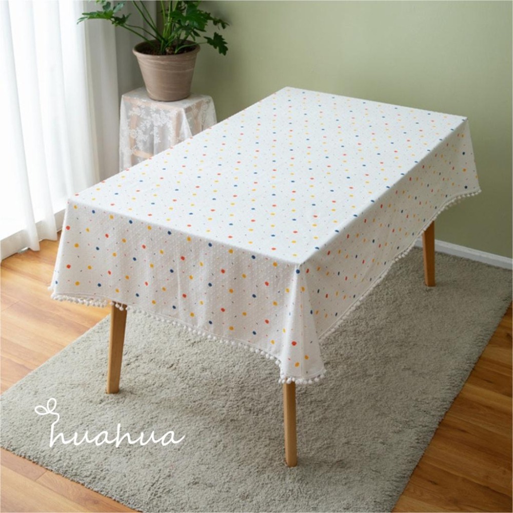 【HUAHUA】日式桌巾 塗鴉 法式 全棉 提花 幾何 彩色 點點 毛球 長方形桌巾 田園風茶几餐桌布 白桌巾 擺拍桌巾-細節圖6