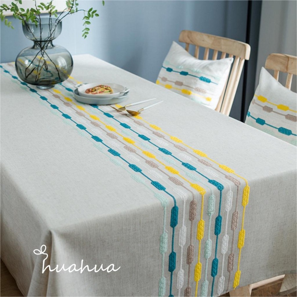 【HUAHUA】仿亞麻桌布 現代幾何水滴桌旗繡花桌布 幾何桌布 小清新長方形茶几檯布 餐桌布-細節圖3