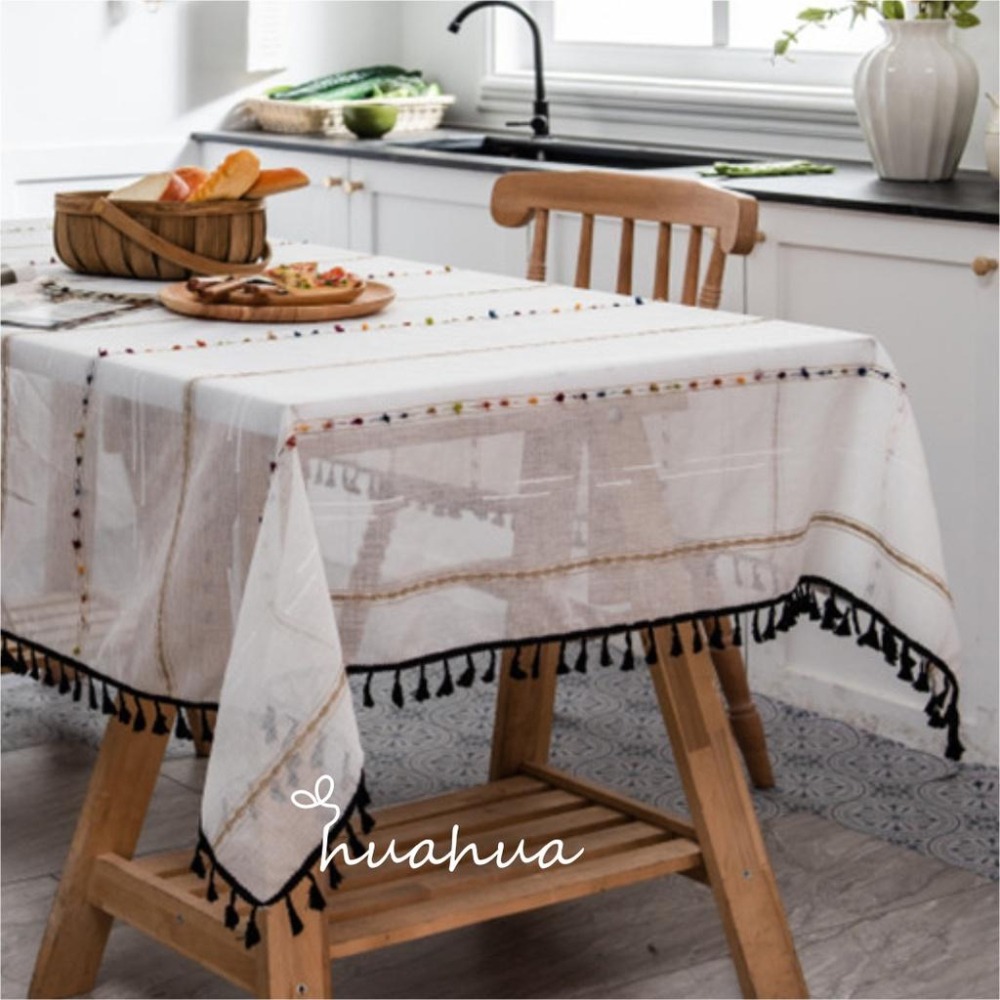 【HUAHUA】北歐風彩虹橫條紋提花桌巾 簡約黑色流蘇棉麻布藝桌布 茶几蓋巾-細節圖2