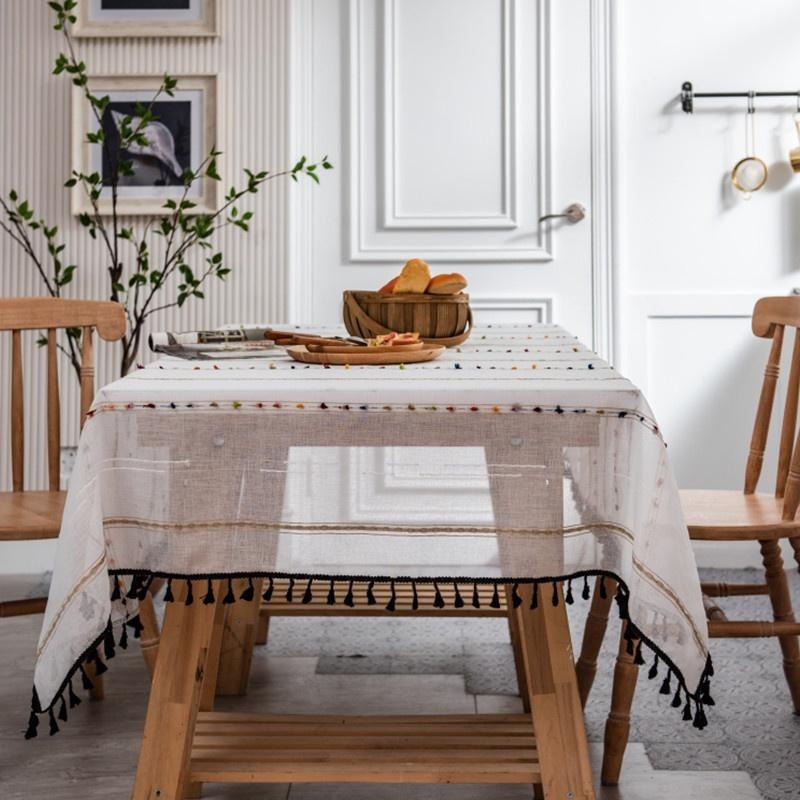 【HUAHUA】北歐風彩虹橫條紋提花桌巾 簡約黑色流蘇棉麻布藝桌布 茶几蓋巾-細節圖3