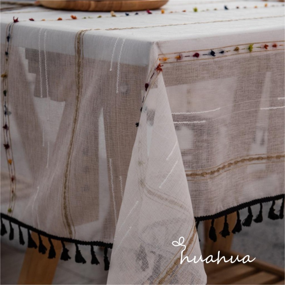【HUAHUA】北歐風彩虹橫條紋提花桌巾 簡約黑色流蘇棉麻布藝桌布 茶几蓋巾-細節圖5