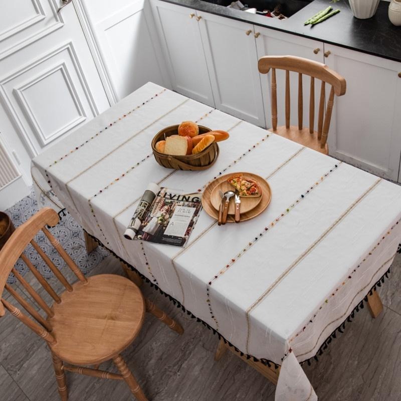 【HUAHUA】北歐風彩虹橫條紋提花桌巾 簡約黑色流蘇棉麻布藝桌布 茶几蓋巾-細節圖6