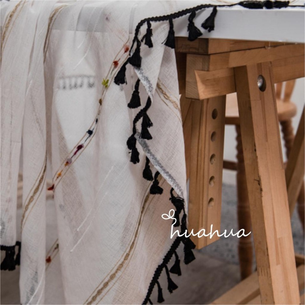 【HUAHUA】北歐風彩虹橫條紋提花桌巾 簡約黑色流蘇棉麻布藝桌布 茶几蓋巾-細節圖8