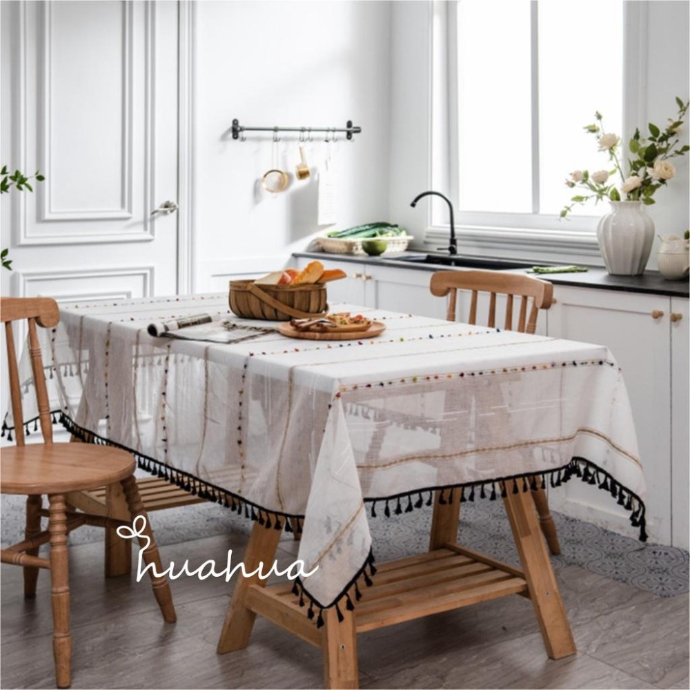 【HUAHUA】北歐風彩虹橫條紋提花桌巾 簡約黑色流蘇棉麻布藝桌布 茶几蓋巾-細節圖9