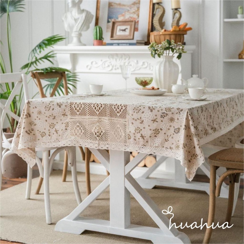 【HUAHUA】蒲公英印花鏤空拼接清新餐桌布 棉麻蕾絲拼接桌巾 美式鄉村風餐廳布藝檯布 森系桌布-細節圖2