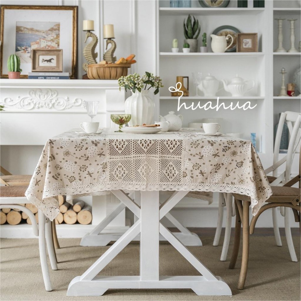 【HUAHUA】蒲公英印花鏤空拼接清新餐桌布 棉麻蕾絲拼接桌巾 美式鄉村風餐廳布藝檯布 森系桌布-細節圖3