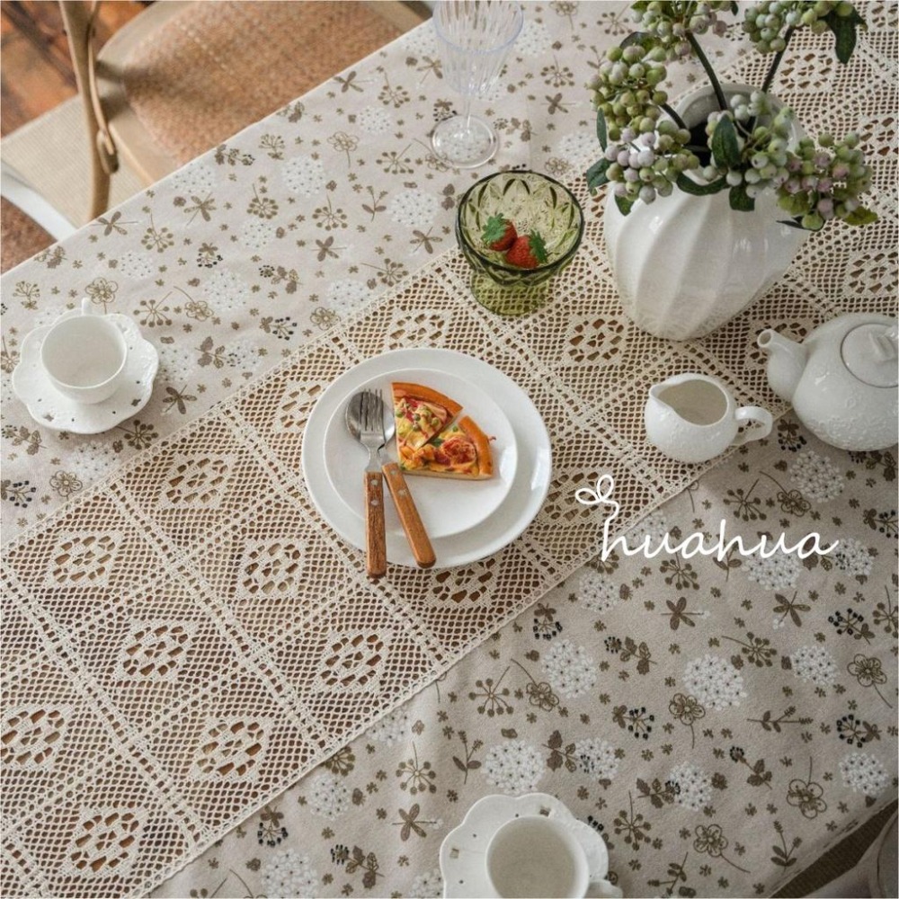 【HUAHUA】蒲公英印花鏤空拼接清新餐桌布 棉麻蕾絲拼接桌巾 美式鄉村風餐廳布藝檯布 森系桌布-細節圖6