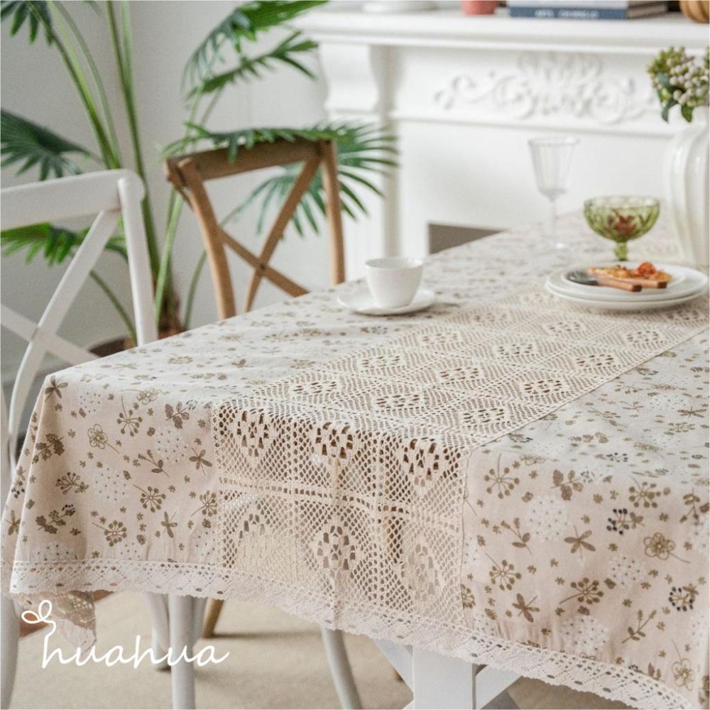 【HUAHUA】蒲公英印花鏤空拼接清新餐桌布 棉麻蕾絲拼接桌巾 美式鄉村風餐廳布藝檯布 森系桌布-細節圖7