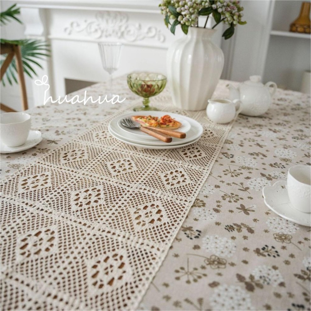 【HUAHUA】蒲公英印花鏤空拼接清新餐桌布 棉麻蕾絲拼接桌巾 美式鄉村風餐廳布藝檯布 森系桌布-細節圖8