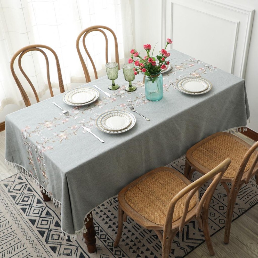 【HUAHUA】紫藤花仿棉麻桌布 繡花流蘇桌巾 長方形仿棉麻布藝茶几布 檯布 野餐布 田園風家用餐桌布 多用途蓋巾-細節圖3