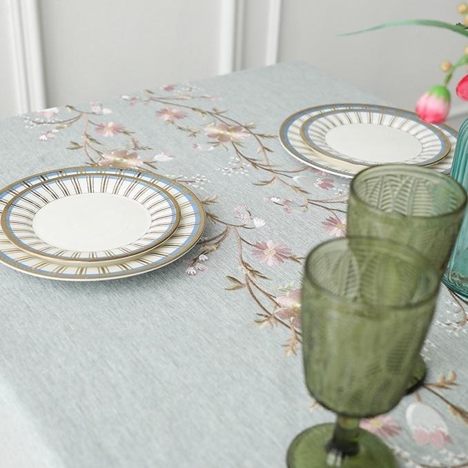 【HUAHUA】紫藤花仿棉麻桌布 繡花流蘇桌巾 長方形仿棉麻布藝茶几布 檯布 野餐布 田園風家用餐桌布 多用途蓋巾-細節圖5