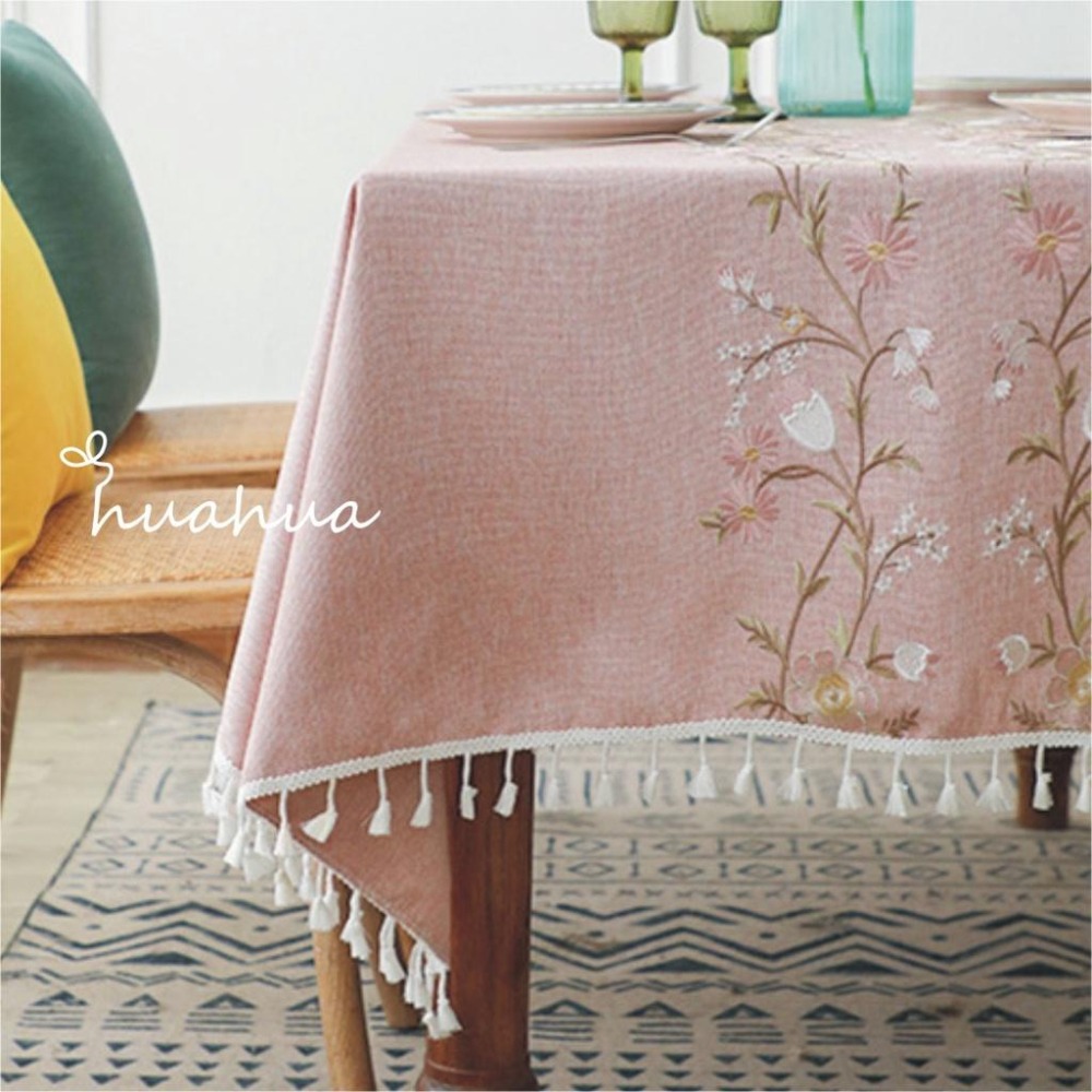 【HUAHUA】紫藤花仿棉麻桌布 繡花流蘇桌巾 長方形仿棉麻布藝茶几布 檯布 野餐布 田園風家用餐桌布 多用途蓋巾-細節圖7