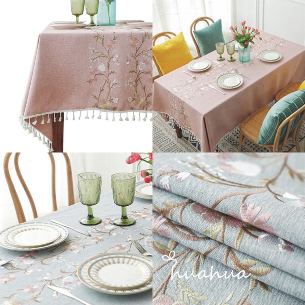 【HUAHUA】紫藤花仿棉麻桌布 繡花流蘇桌巾 長方形仿棉麻布藝茶几布 檯布 野餐布 田園風家用餐桌布 多用途蓋巾-細節圖8