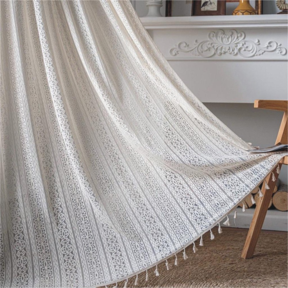 【HUAHUA】米色鏤空花朵鉤針窗簾 美式鄉村風半遮光臥室窗簾 森系鏤空窗簾 成品窗簾 法式蕾絲廚房裝飾簾-細節圖2