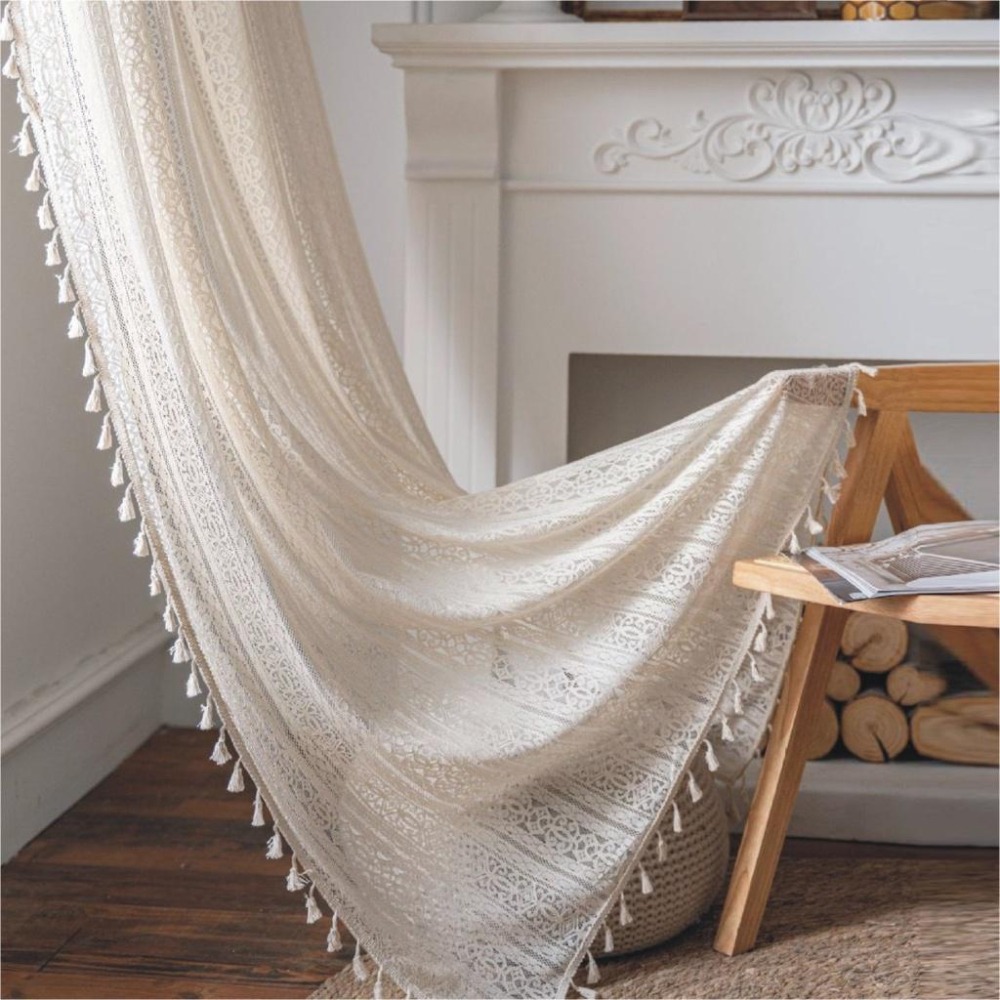 【HUAHUA】米色鏤空花朵鉤針窗簾 美式鄉村風半遮光臥室窗簾 森系鏤空窗簾 成品窗簾 法式蕾絲廚房裝飾簾-細節圖4