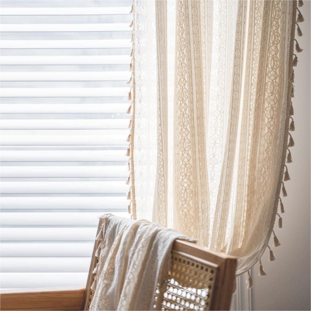 【HUAHUA】米色鏤空花朵鉤針窗簾 美式鄉村風半遮光臥室窗簾 森系鏤空窗簾 成品窗簾 法式蕾絲廚房裝飾簾-細節圖6