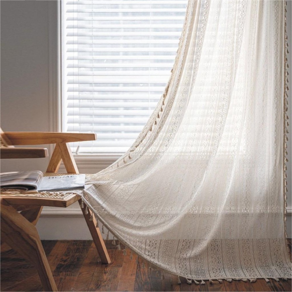 【HUAHUA】米色鏤空花朵鉤針窗簾 美式鄉村風半遮光臥室窗簾 森系鏤空窗簾 成品窗簾 法式蕾絲廚房裝飾簾-細節圖7