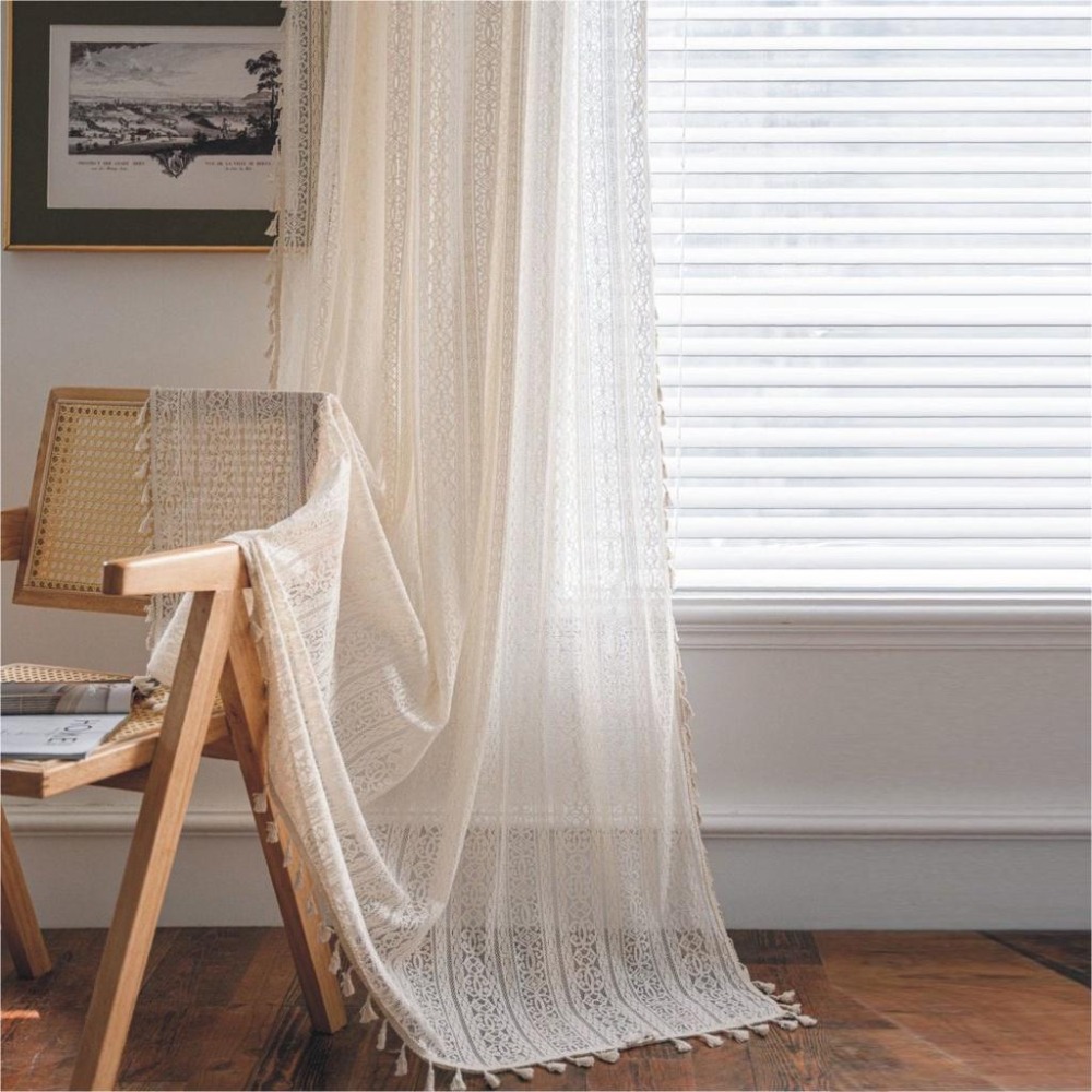 【HUAHUA】米色鏤空花朵鉤針窗簾 美式鄉村風半遮光臥室窗簾 森系鏤空窗簾 成品窗簾 法式蕾絲廚房裝飾簾-細節圖8