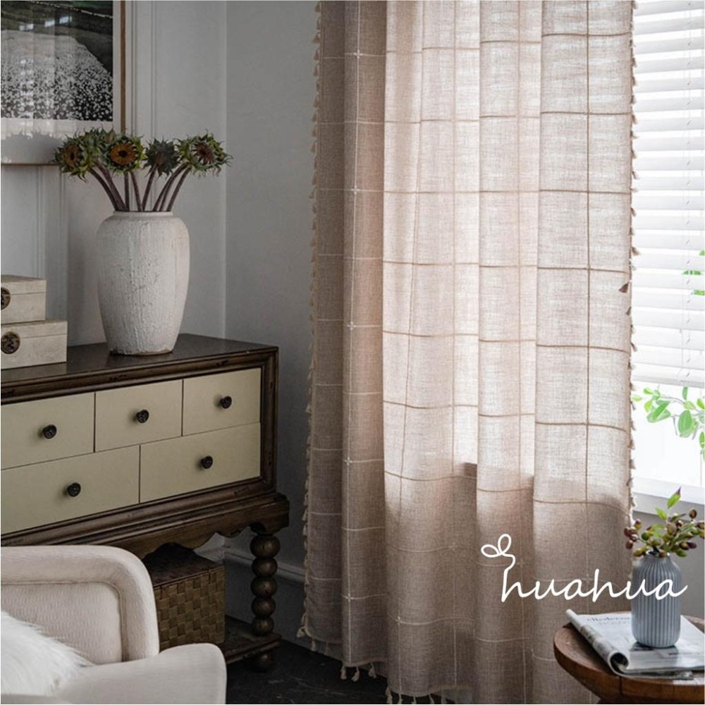【HUAHUA】簡約咖啡色提花格子窗簾 米色流蘇櫥房簾 美式鄉村風半遮光客廳臥室飄窗簾 成品窗簾-細節圖2