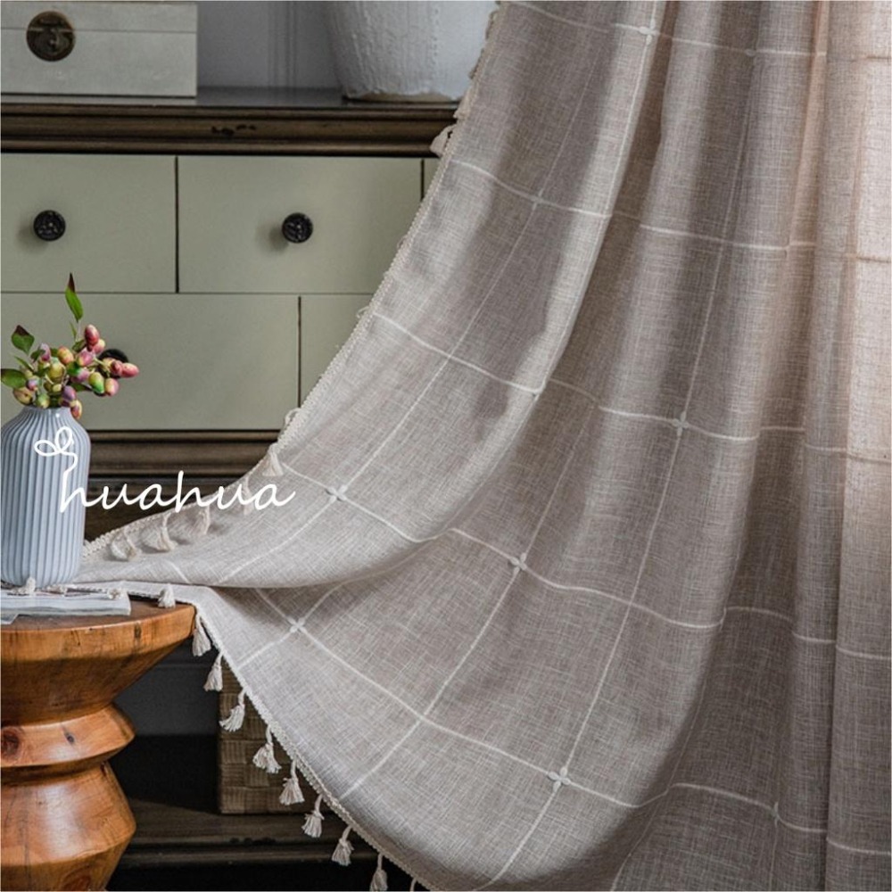 【HUAHUA】簡約咖啡色提花格子窗簾 米色流蘇櫥房簾 美式鄉村風半遮光客廳臥室飄窗簾 成品窗簾-細節圖3