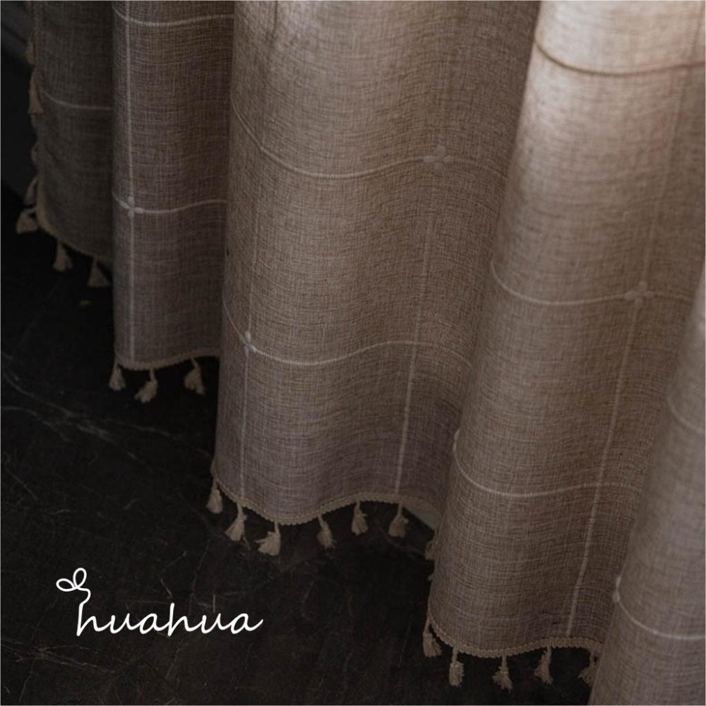 【HUAHUA】簡約咖啡色提花格子窗簾 米色流蘇櫥房簾 美式鄉村風半遮光客廳臥室飄窗簾 成品窗簾-細節圖4