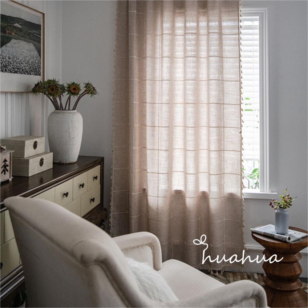 【HUAHUA】簡約咖啡色提花格子窗簾 米色流蘇櫥房簾 美式鄉村風半遮光客廳臥室飄窗簾 成品窗簾-細節圖5