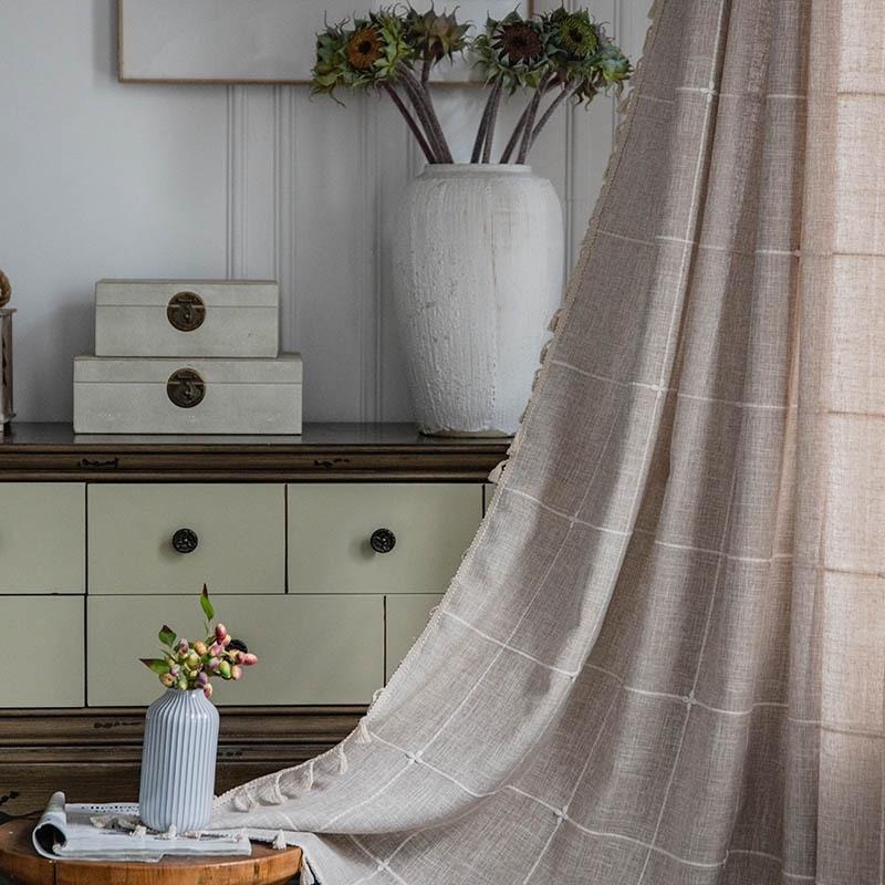 【HUAHUA】簡約咖啡色提花格子窗簾 米色流蘇櫥房簾 美式鄉村風半遮光客廳臥室飄窗簾 成品窗簾-細節圖8