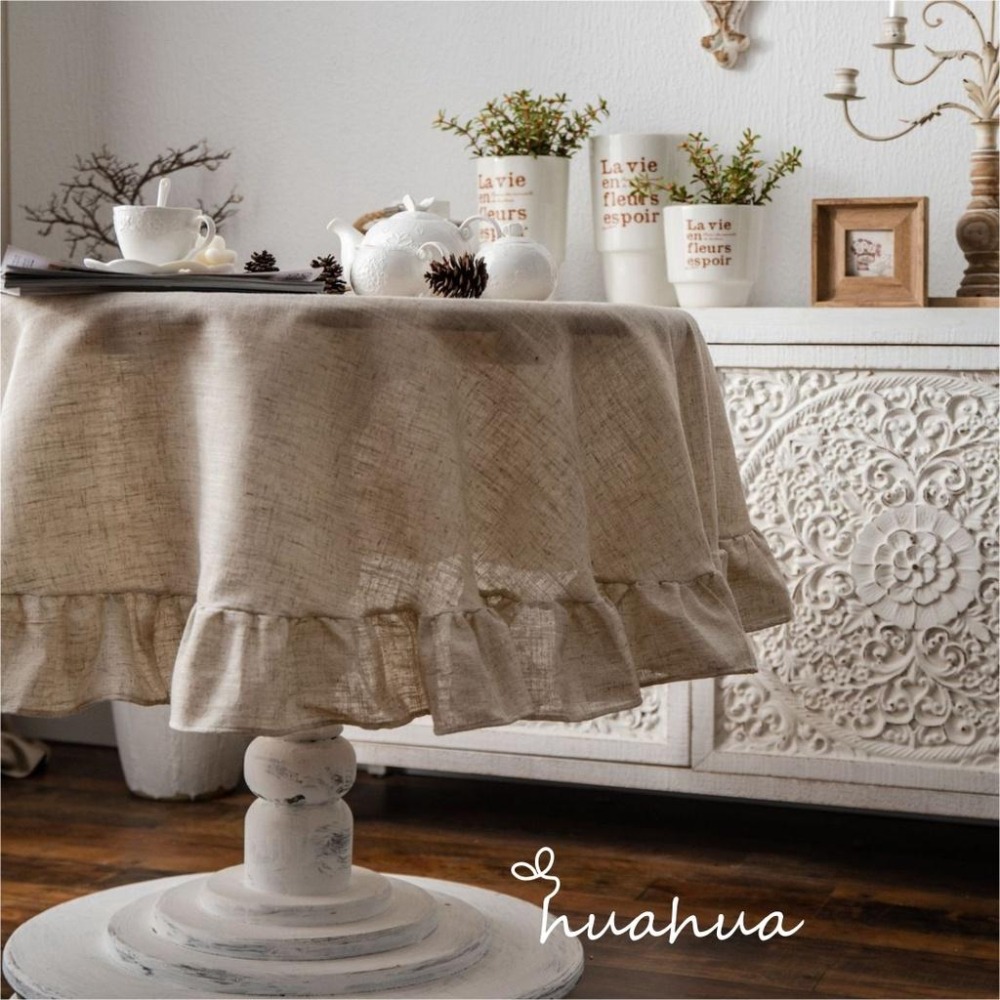 【HUAHUA】日式素色圓形桌巾 荷葉邊滌麻桌布 麻本色桌布 圓形餐桌布 亞麻家用桌布-細節圖5