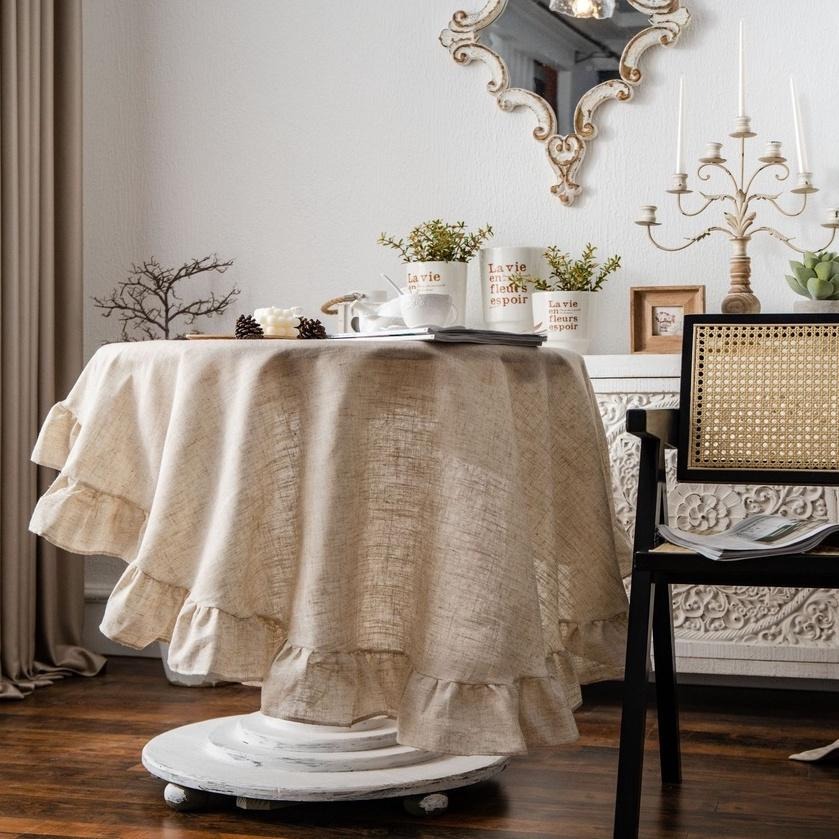 【HUAHUA】日式素色圓形桌巾 荷葉邊滌麻桌布 麻本色桌布 圓形餐桌布 亞麻家用桌布-細節圖6